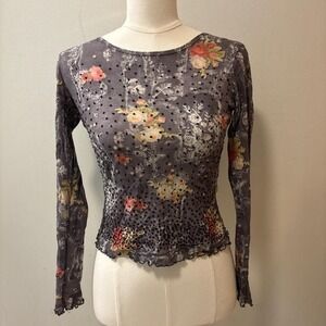 Y2K Anxiety Cafe Grey Floral Mesh Top with Beaded Details Size Women's Medium